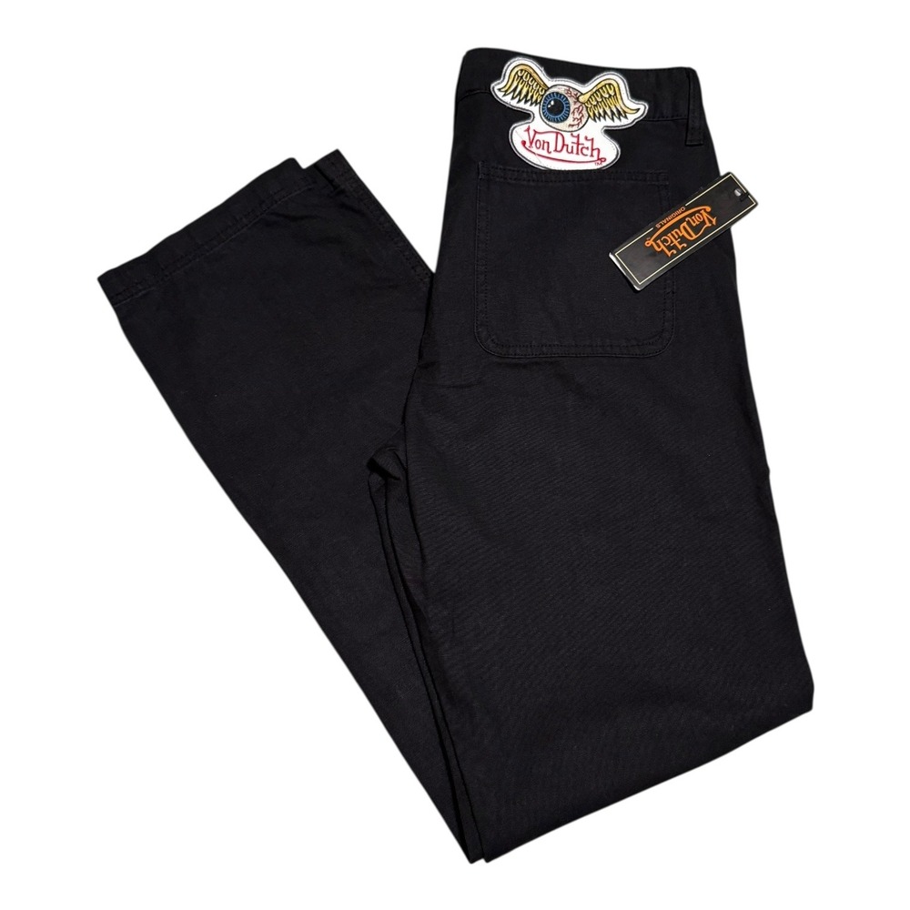 NEW NWT Von Dutch Eyeball Spell Out Patch Double Knee Black Pants Men's 30x32